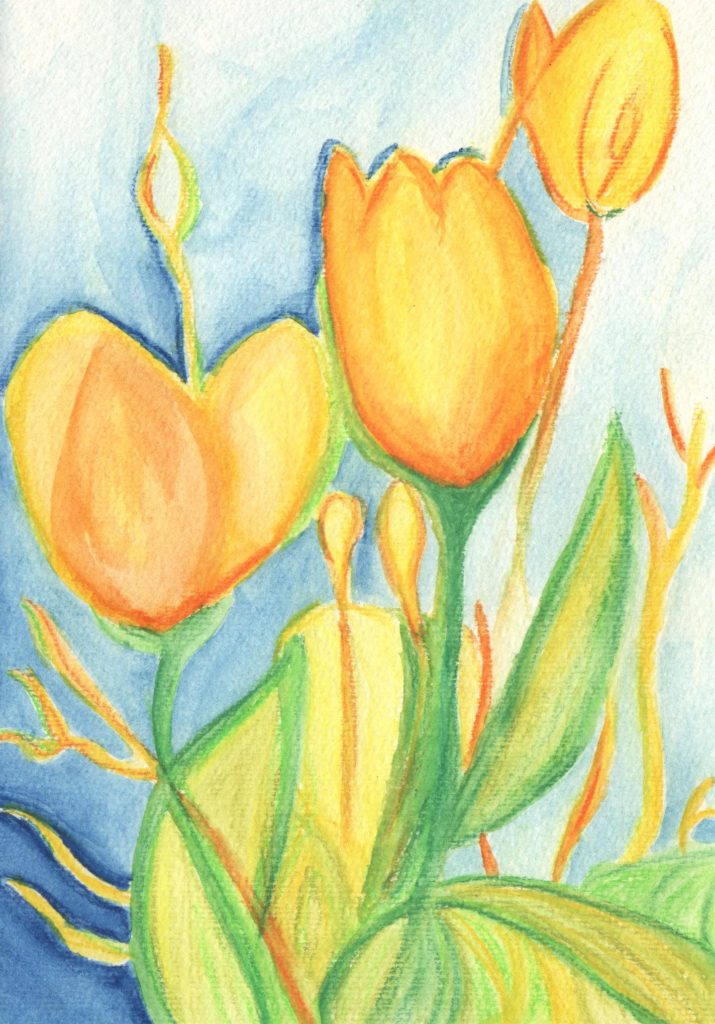 Elena corso da privatista, Tulipani gialli, pastelli acquerellabili es. a destra, disegno di Elena a sinistra